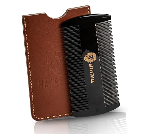 Man & Mane Dual-Action Beard & Mustache Comb - Anti-Static, Genuine Leather Case - 100% Oxhorn