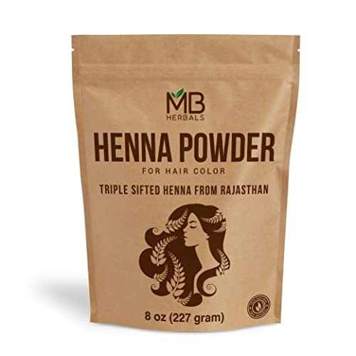 MB Herbals 100% Pure Henna Powder - Natural Orange-Red Hair Color, No Chemicals - 8 oz