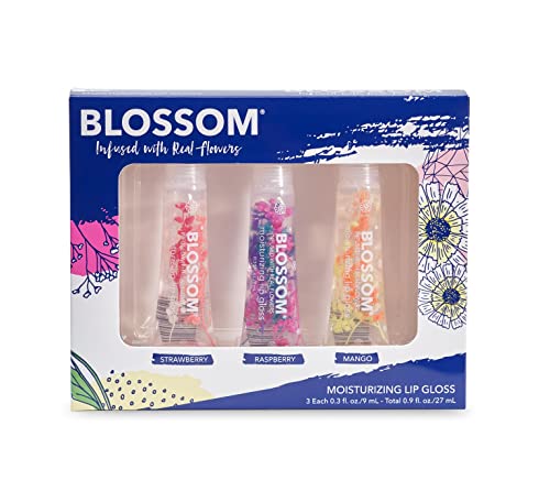 Blossom Lip Gloss Gift Set - Hydrating, Infused with Real Flowers, 3 Fruity Scents - 0.9 fl oz