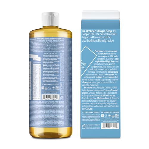 Dr. Bronner’s Pure-Castile Liquid Soap - Regenerative Organic Oils, 82% Less Plastic - 32oz