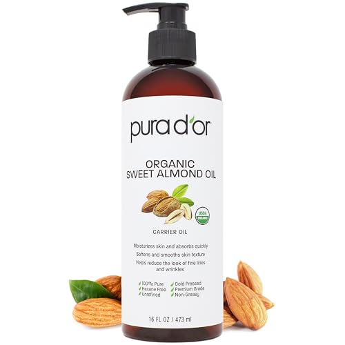 PURA D'OR Organic Sweet Almond Massage Oil - Moisturizing, Antioxidant, Hexane Free - 16oz