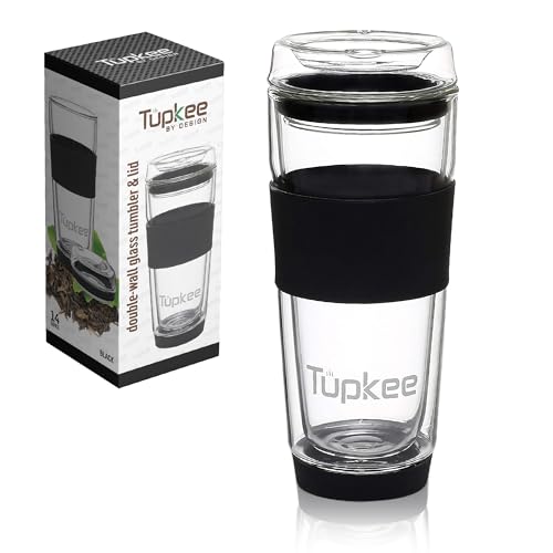 Tupkee Double Wall Glass Tumbler - Natural Taste, Leak-Proof & Insulated - 14oz, Black