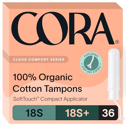 Cora Organic Tampons - 100% Cotton, Ultra Leak Protection, BPA-Free Applicator - 36 Count