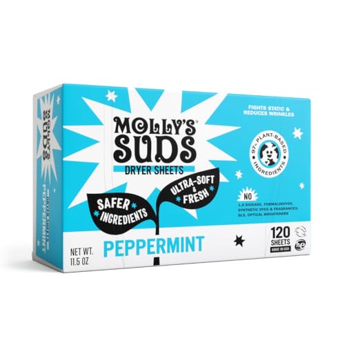 Molly's Suds Fabric Softener Dryer Sheets - Plant-Based Static Reducer, Peppermint - 120 Sheets