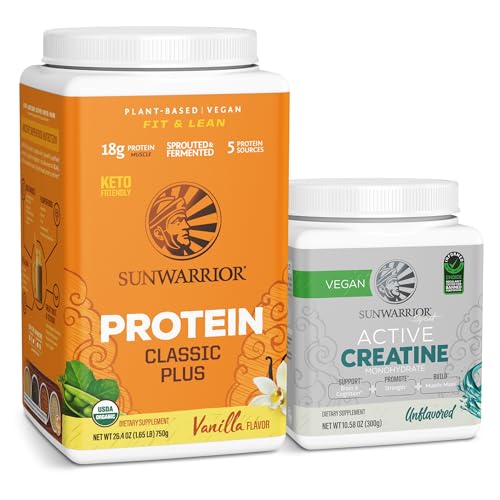 Sunwarrior Protein Powder & Creatine - Plant-Based Muscle Support, Organic, Non-GMO - 30 Servings