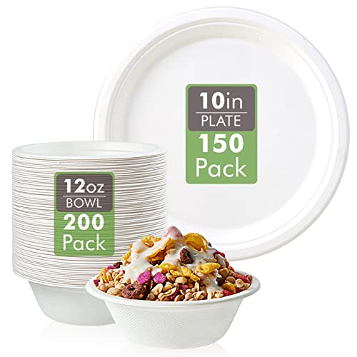 Vplus 150 Paper Plates & 200 Bowls - Heavy-Duty, Biodegradable Bagasse, Microwave Safe - 10" & 12oz