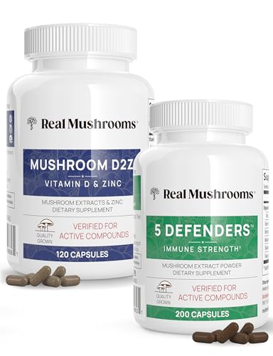 Real Mushrooms Vitamin D2 & Zinc Bundle - Immune Support with 5 Mushroom Complex - 120ct & 200ct