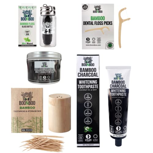 BOONBOO Dental Care Kit - Bamboo Floss, Charcoal Whitening, Natural Ingredients - 5 Items