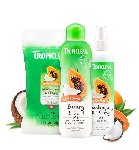 TropiClean Papaya Grooming Set - Moisturizing Shampoo & Deodorizer, Natural Ingredients - 3 Pieces