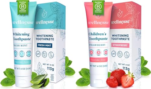 Wellnesse Family Oral Care Set - Whitening & Strawberry Toothpaste, Fluoride-Free, Vegan - 2 Pack