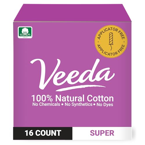 Veeda 100% Natural Cotton Tampons - Super Absorbency, Leak Proof, Applicator-Free - 16 Count