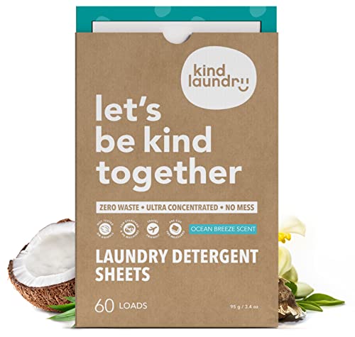 Kind Laundry Detergent Sheets - Powerful Stain Removal, Plant-Derived, Ocean Breeze - 60 Loads