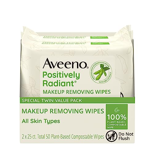 Aveeno Makeup Removing Wipes - Gently Cleanses, Even Skin Tone, Oil-Free - Twin Pack 50ct