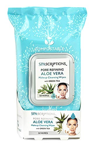 SpaScriptions Makeup Remover Wipes - Aloe Vera & Green Tea, Compostable - 50 Count