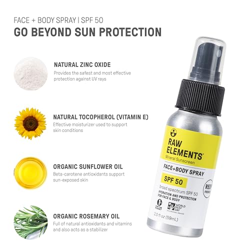 Raw Elements Sunscreen Spray SPF 50 - Broad Spectrum UVA/UVB, Reef Safe, Water Resistant - 2oz