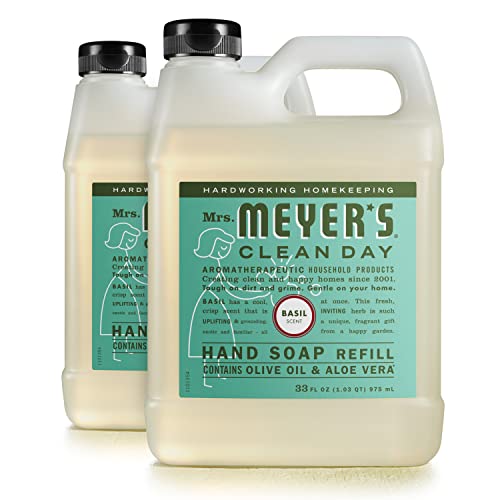 Mrs. Meyer's Hand Soap Refill - Essential Oils & Aloe Vera, Basil Scent, Biodegradable - 33 Fl. Oz