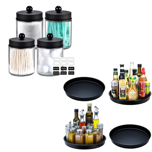 Amolliar Lazy Susan Organizer - 360° Rotating Storage with 4 Apothecary Jars - Black, 10"