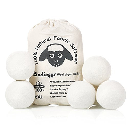 Budieggs Organic Wool Dryer Balls - Chemical-Free Softening, Hypoallergenic for 1000+ Loads - 6-Pack