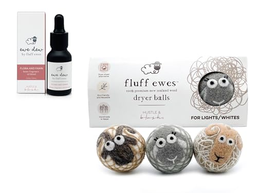 Fluff Ewes Wool Dryer Balls & Ewe Dew Essential Oil - Natural Softener, Hypoallergenic - 2 Pack