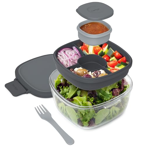 Bentgo Glass Salad Container - Airtight, 4-Compartment Tray, 61oz, Dishwasher Safe - Dark Gray