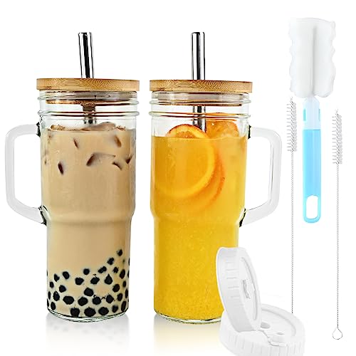 Stylish Glass Tumblers with Bamboo Lids & Straws - Leak-proof, BPA-free, 24oz, 2 Pack