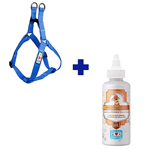 Pawtitas Pet Care Bundle - Durable Blue Harness & 100% Natural Ear Cleaner for Small Dogs