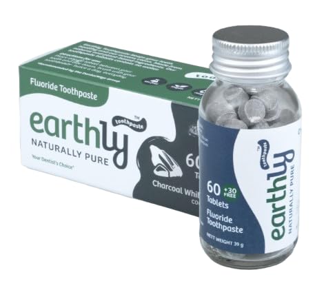 Earthly Toothpaste Tablets - Charcoal Whitening, Vegan, Fluoride, Mint Flavor - 90 Tablets