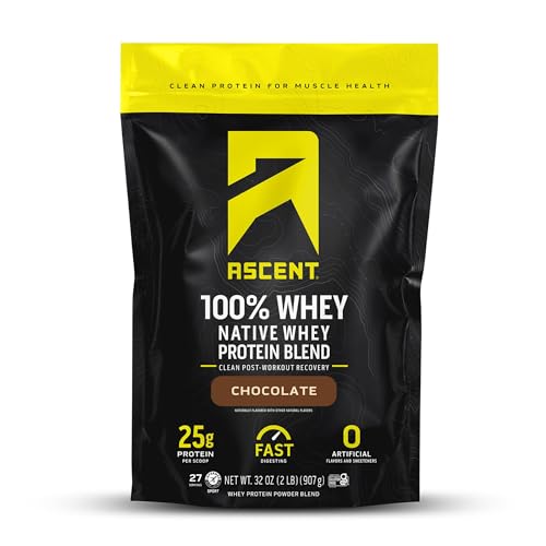 Ascent Whey Protein Powder - 25g Protein, No Artificial Flavors, Gluten Free - Chocolate, 2 lb