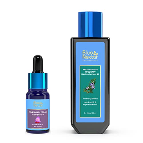 Blue Nectar Hair & Face Oil Duo - Radiant Skin & Hair Growth with Natural Herbs - 0.3 & 3.38 Fl Oz