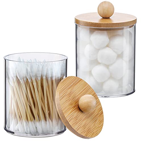 2 Pack Qtip Holder Dispenser - Bamboo Lids, BPA-Free Plastic, Stylish Bathroom Storage - 10oz