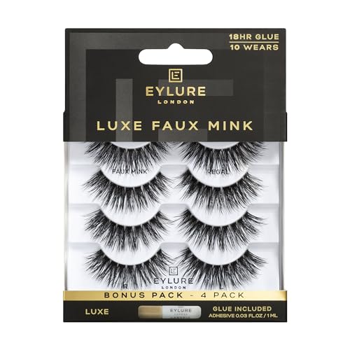 Eylure Luxe Faux Mink False Lashes - Lengthens, Natural Look, Reusable, 10 Wears - 4 Pairs