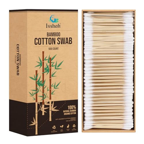 Isshah Bamboo Cotton Swabs - 100% Biodegradable, PETA Approved, 500 Count, Plastic-Free