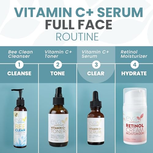 Eva Naturals Vitamin C Face Serum - Reduces Dark Spots & Wrinkles, Hydrating & Brightening - 1oz