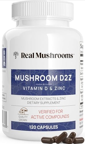 Real Mushrooms Zinc Supplement - Immune Support with Vitamin D2, Chaga & Reishi - 120ct