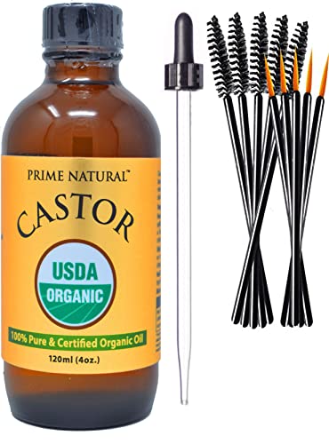 PRIME NATURAL Castor Oil - USDA Organic, Cold Pressed, Hair & Skin Growth - 4oz with Applicators