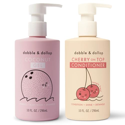 Dabble & Dollop Kids Shampoo & Body Wash - 3-in-1 Coconut & Cherry, Vegan, USA-Made - 10oz, 2-Pack