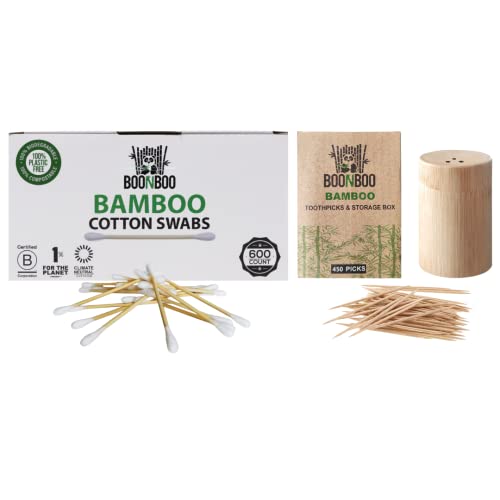 BOONBOO Cotton Swabs & Toothpicks Set - 100% Biodegradable, Bamboo Holder - 600ct + 450ct