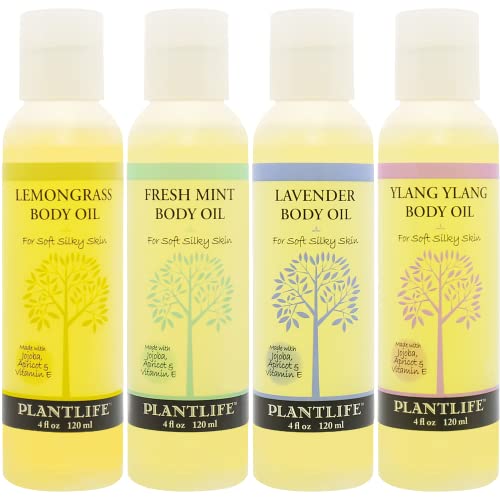 Plantlife Body Oil 4-Pack - Soft & Silky Skin, Rich Plant Oils, 4 Scents - 4 oz Each