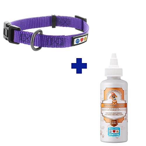 Pawtitas Pet Care Bundle - Adjustable Collar for Small Dogs & 100% Natural Ear Cleaner - Purple