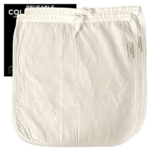 Organic Cotton Cold Brew Coffee Bag - Filters Grounds, EasyOpen Drawstring - 2-Pack, 12"x12"