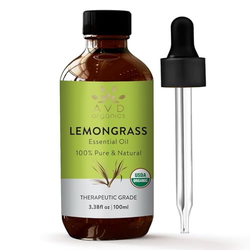 AVD Organics Lemongrass Essential Oil - 100% Pure USDA Organic, Great for Aromatherapy - 3.38 fl oz