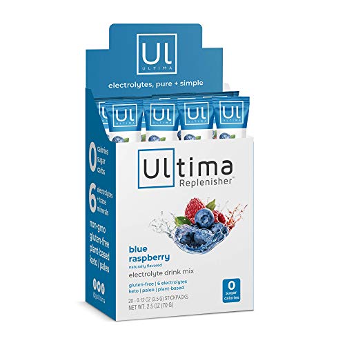 Ultima Replenisher Hydration Powder - 6 Electrolytes, Sugar Free, Vegan - Blue Raspberry, 20 Pack