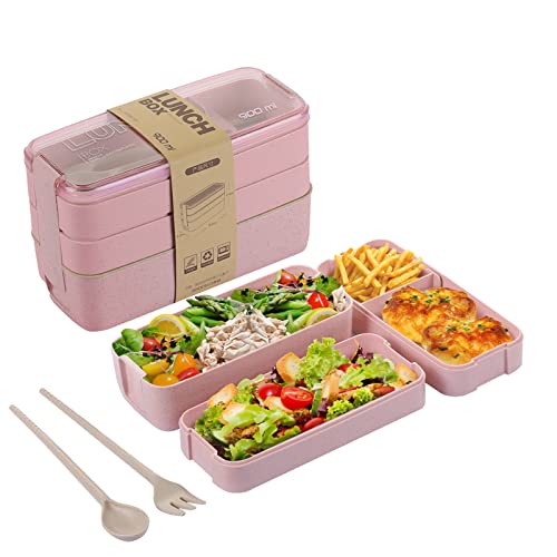 Wheat Straw Bento Box - 3-in-1 Meal Prep Container, Portion Control, Leak-proof - 900ML, Pink