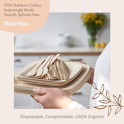 Bambu Disposable Utensils Set - 100% Natural Bamboo, Biodegradable & Compostable - Pack of 24