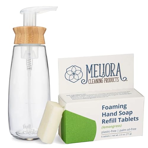 MightyNest Glass Hand Soap Set - Refillable Dispenser & 6 Lemongrass Tablets, Non-Toxic