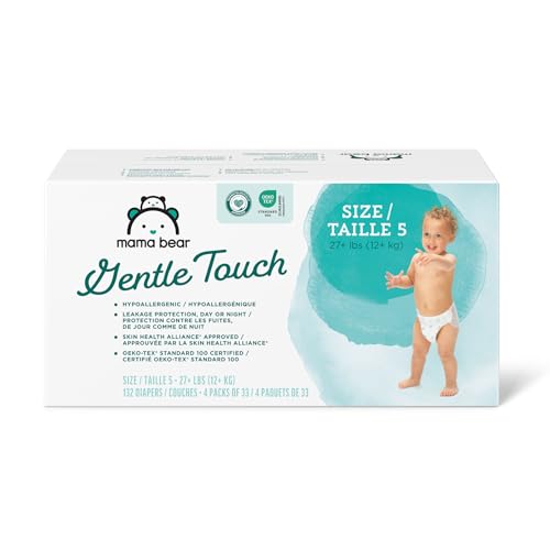 Mama Bear Gentle Touch Diapers - Hypoallergenic, 12-Hour Leak Protection, Size 5, 132 Count