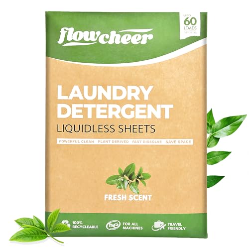 Flowcheer Laundry Detergent Sheets - Powerful Stain Removal, Plant-Based, Fresh Scent - 60 Loads