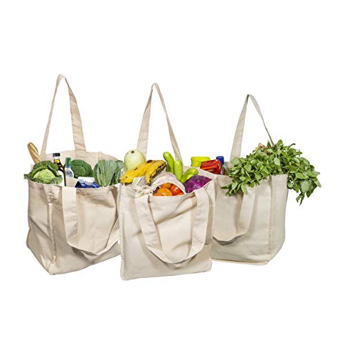 Organic Cotton Tote Bags - Sturdy, Washable, 6 Bottle Sleeves, Large Size - Set of 3