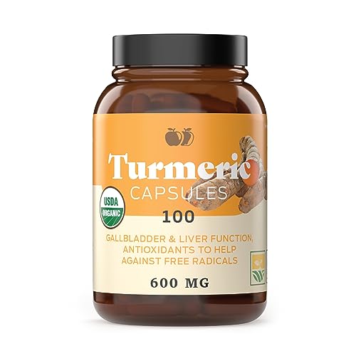 Organic Turmeric Capsules - Supports Liver & Joint Health, Pure 600mg Curcumin - 100 Count