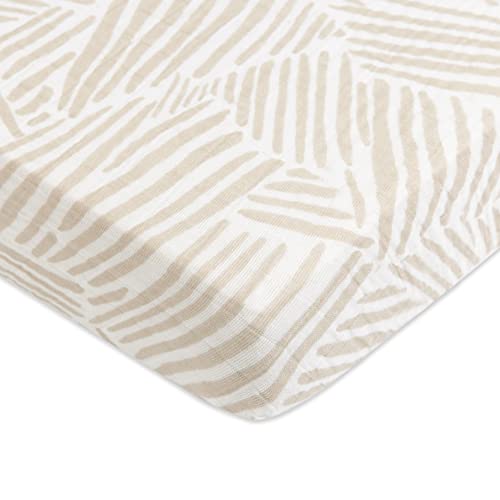 Babyletto Organic Cotton Mini Crib Sheet - GOTS Certified, Breathable Muslin, Oat Stripe - Fitted